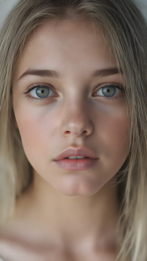 A (hyper-realistic, highly-detailed, vividly-colored cinematic full body portrait, ((matching eyes)), ((perfect anatomy)), with a ((very long, straight, thick, untucked, natural white color scheme)), and ((realistic detailed skin)), that exudes ((incredible confidence and innocence)), paired with (((highly detailed, natural looking, glowing skin))), which gives off an (ethereal and enchanting glow). Her expression exudes one of ((astonished delight)), perfectly capturing that magical moment where the lights illuminate her face, revealing her ((natural beauty)). ((Empty background)) ((Close up, neck up image)) that focuses on her face, ((showing her full lips)), which are perfectly painted in (the correct human anatomy). She wears ((no makeup)), has ((no tight clothes)), and ((natural looking, perfect anatomy)), that perfectly complements her ((flawlessly matching eyes)), detailed pupils.