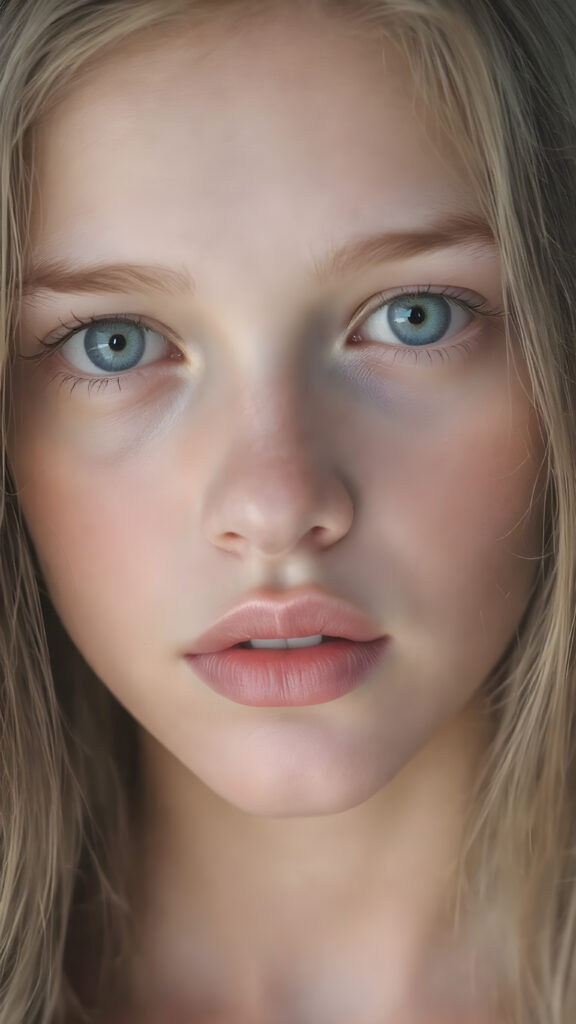 A (hyper-realistic, highly-detailed, vividly-colored cinematic full body portrait, ((matching eyes)), ((perfect anatomy)), with a ((very long, straight, thick, untucked, natural white color scheme)), and ((realistic detailed skin)), that exudes ((incredible confidence and innocence)), paired with (((highly detailed, natural looking, glowing skin))), which gives off an (ethereal and enchanting glow). Her expression exudes one of ((astonished delight)), perfectly capturing that magical moment where the lights illuminate her face, revealing her ((natural beauty)). ((Empty background)) ((Close up, neck up image)) that focuses on her face, ((showing her full lips)), which are perfectly painted in (the correct human anatomy). She wears ((no makeup)), has ((no tight clothes)), and ((natural looking, perfect anatomy)), that perfectly complements her ((flawlessly matching eyes)), detailed pupils.