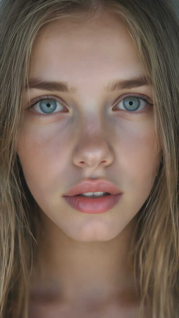 A (hyper-realistic, highly-detailed, vividly-colored cinematic full body portrait, ((matching eyes)), ((perfect anatomy)), with a ((very long, straight, thick, untucked, natural white color scheme)), and ((realistic detailed skin)), that exudes ((incredible confidence and innocence)), paired with (((highly detailed, natural looking, glowing skin))), which gives off an (ethereal and enchanting glow). Her expression exudes one of ((astonished delight)), perfectly capturing that magical moment where the lights illuminate her face, revealing her ((natural beauty)). ((Empty background)) ((Close up, neck up image)) that focuses on her face, ((showing her full lips)), which are perfectly painted in (the correct human anatomy). She wears ((no makeup)), has ((no tight clothes)), and ((natural looking, perfect anatomy)), that perfectly complements her ((flawlessly matching eyes)), detailed pupils.