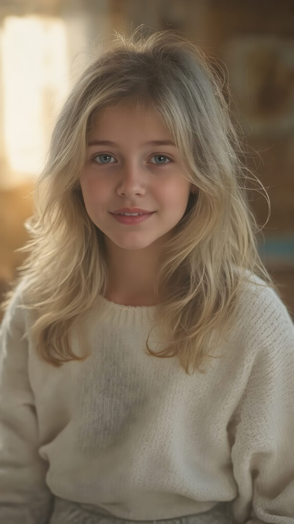 A (hyper-realistic, highly-detailed, vivid (((full body ((profile)) photo))), with ((warm glowing highlights)), ((softly backlit)), of a cute, innocent, ((skinny but toned)), ((teen girl)) with a ((perfect round, plump lips)), and ((semi-long, wavy, dirty blonde, casually styled hair)), wearing a ((white wool sweater)), paired with ((flared, loose pants)), in a ((natural, cheerful, happy expressions)), and ((looking directly into the camera))