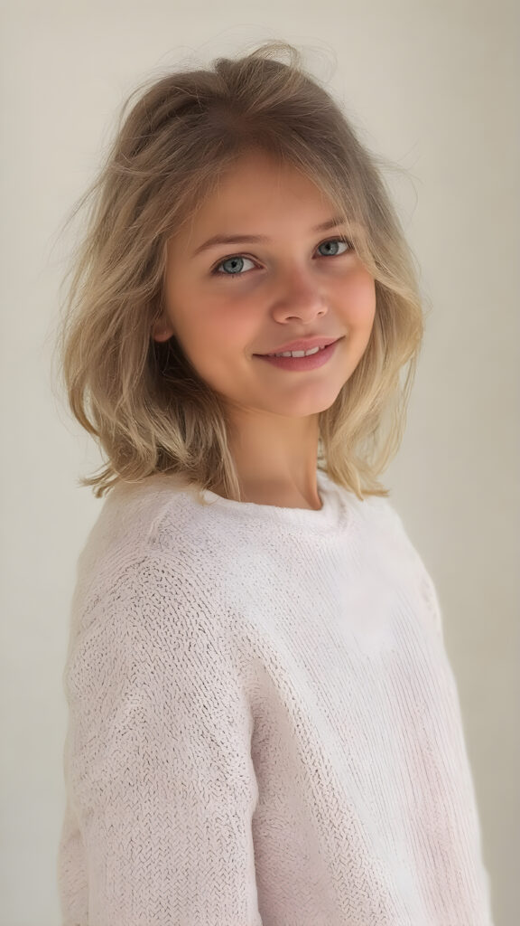 A (hyper-realistic, highly-detailed, vivid (((full body ((profile)) photo))), with ((warm glowing highlights)), ((softly backlit)), of a cute, innocent, ((skinny but toned)), ((teen girl)) with a ((perfect round, plump lips)), and ((semi-long, wavy, dirty blonde, casually styled hair)), wearing a ((white wool sweater)) over a ((white shirt)), paired with ((flared, loose pants)), in a ((natural, cheerful, happy expressions)), and ((looking directly into the camera))