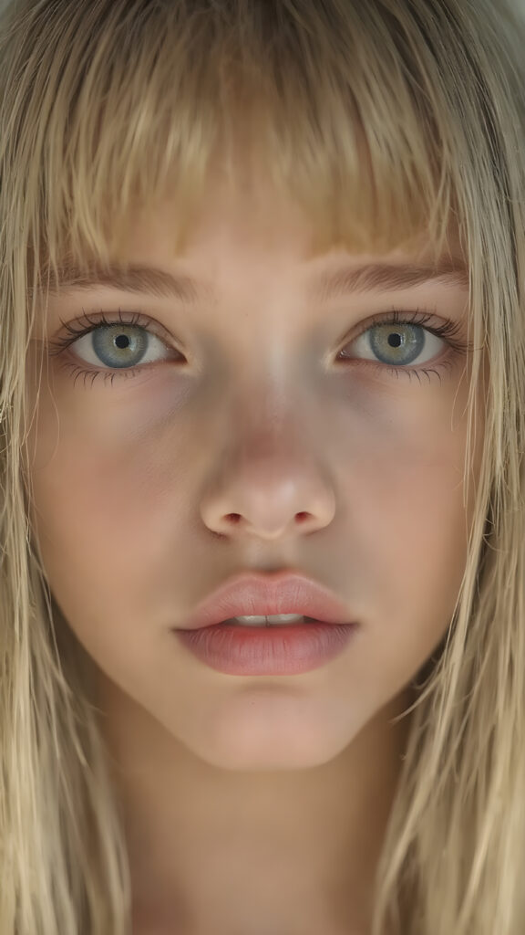 A (hyper-realistic, highly-detailed, vividly-colored cinematic full body portrait, ((matching eyes)), ((perfect anatomy)), with a ((very long, straight, thick, untucked, natural white color scheme)), and ((realistic detailed skin)), that exudes ((incredible confidence and innocence)), paired with (((highly detailed, natural looking, glowing skin))), which gives off an (ethereal and enchanting glow). Her expression exudes one of ((astonished delight)), perfectly capturing that magical moment where the lights illuminate her face, revealing her ((natural beauty)). ((Empty background)) ((Close up, neck up image)) that focuses on her face, ((showing her full lips)), which are perfectly painted in (the correct human anatomy). She wears ((no makeup)), has ((no tight clothes)), and ((natural looking, perfect anatomy)), that perfectly complements her ((flawlessly matching eyes)), detailed pupils.