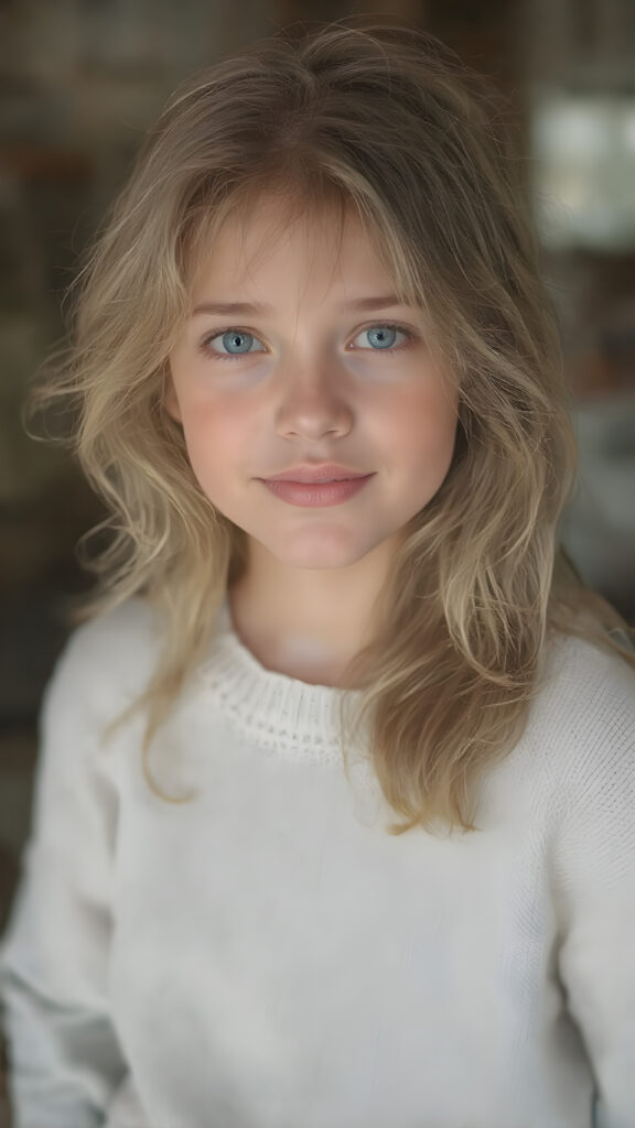 A (hyper-realistic, highly-detailed, vivid (((full body ((profile)) photo))), with ((warm glowing highlights)), ((softly backlit)), of a cute, innocent, ((skinny but toned)), ((teen girl)) with a ((perfect round, plump lips)), and ((semi-long, wavy, dirty blonde, casually styled hair)), wearing a ((white wool sweater)), paired with ((flared, loose pants)), in a ((natural, cheerful, happy expressions)), and ((looking directly into the camera))