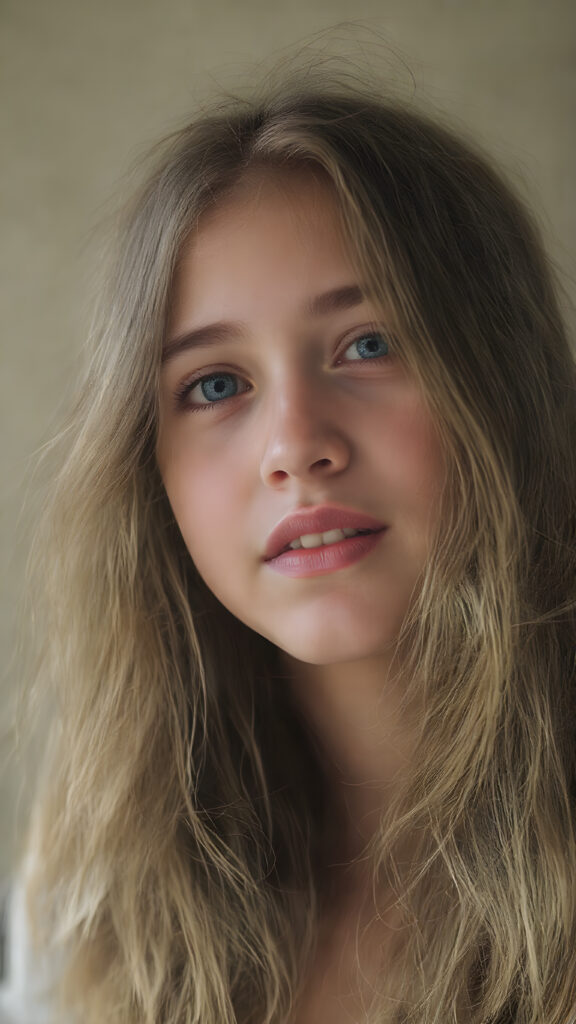 A (hyper-realistic, highly-detailed, vivid (((full upper body photo))), with ((warm highlights)), (((dramatic cool-toned diffuse back-lighting))), ((crisp details)), captured at ((the peak of the season)) for a (beautiful young teen girl) with ((long, soft, hazelnut wavy hair)), ((dark eyes)), ((natural light makeup)), and ((detailed, matching, perfect teeth)), in a ((natural pose)), ((looking up at the camera)), exuding ((full body allure))