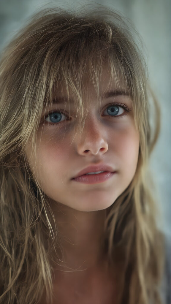 A (hyper-realistic, highly-detailed, vivid (((full upper body photo))), with ((warm highlights)), (((dramatic cool-toned diffuse back-lighting))), ((crisp details)), captured at ((the peak of the season)) for a (beautiful young teen girl) with ((long, soft, hazelnut wavy hair)), ((dark eyes)), ((natural light makeup)), and ((detailed, matching, perfect teeth)), in a ((natural pose)), ((looking up at the camera)), exuding ((full body allure))