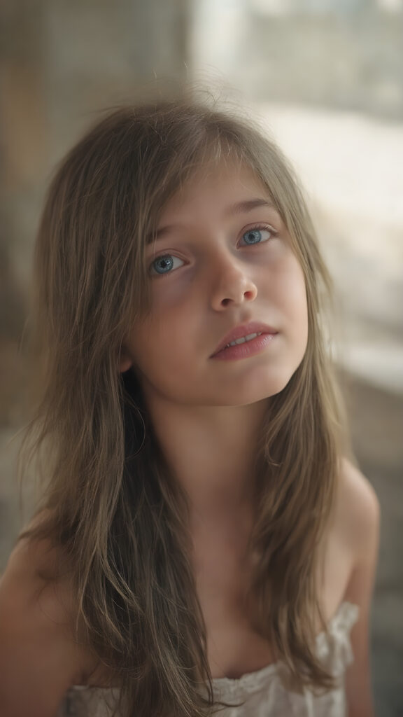 A (hyper-realistic, highly-detailed, vivid (((full upper body photo))), with ((warm highlights)), (((dramatic cool-toned diffuse back-lighting))), ((crisp details)), captured at ((the peak of the season)) for a (beautiful young girl) with ((long, soft, dark brown hair)), ((dark eyes)), ((natural light makeup)), and ((detailed, matching, perfect teeth)), in a ((natural pose)), ((looking up at the camera)), exuding ((full body allure))