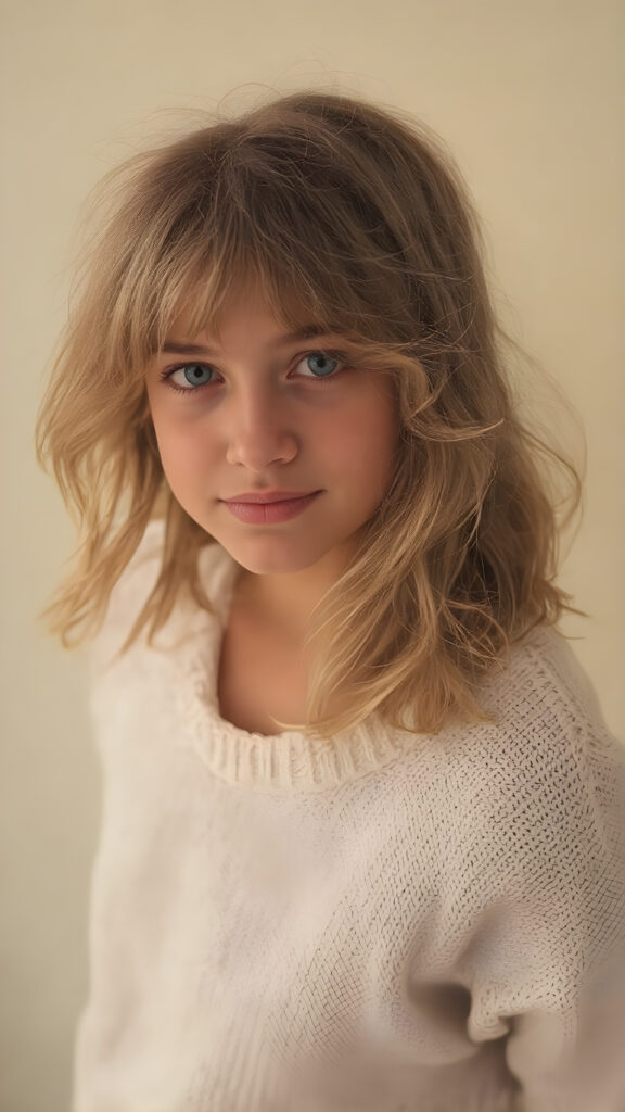 A (hyper-realistic, highly-detailed, vivid (((full body ((profile)) photo))), with ((warm glowing highlights)), ((softly backlit)), of a cute, innocent, ((skinny but toned)), ((teen girl)) with a ((perfect round, plump lips)), and ((semi-long, wavy, dirty blonde, casually styled hair)), wearing a ((white wool sweater)) over a ((white shirt)), paired with ((flared, loose pants)), in a ((natural, cheerful, happy expressions)), and ((looking directly into the camera))