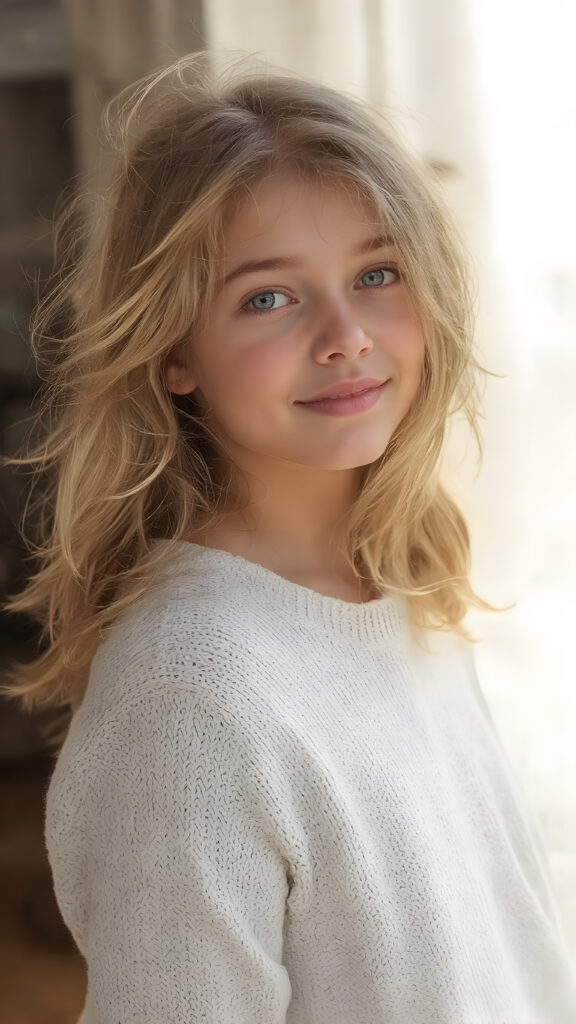 A (hyper-realistic, highly-detailed, vivid (((full body ((profile)) photo))), with ((warm glowing highlights)), ((softly backlit)), of a cute, innocent, ((skinny but toned)), ((teen girl)) with a ((perfect round, plump lips)), and ((semi-long, wavy, dirty blonde, casually styled hair)), wearing a ((white wool sweater)) over a ((white shirt)), paired with ((flared, loose pants)), in a ((natural, cheerful, happy expressions)), and ((looking directly into the camera))