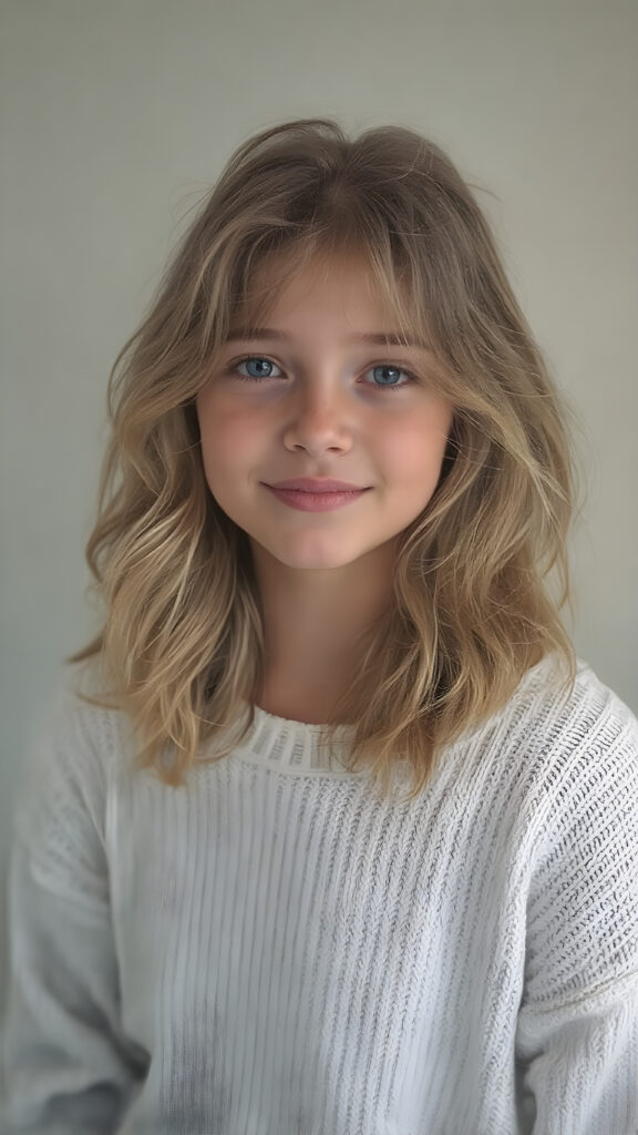 A (hyper-realistic, highly-detailed, vivid (((full body ((profile)) photo))), with ((warm glowing highlights)), ((softly backlit)), of a cute, innocent, ((skinny but toned)), ((teen girl)) with a ((perfect round, plump lips)), and ((semi-long, wavy, dirty blonde, casually styled hair)), wearing a ((white wool sweater)) over a ((white shirt)), paired with ((flared, loose pants)), in a ((natural, cheerful, happy expressions)), and ((looking directly into the camera))