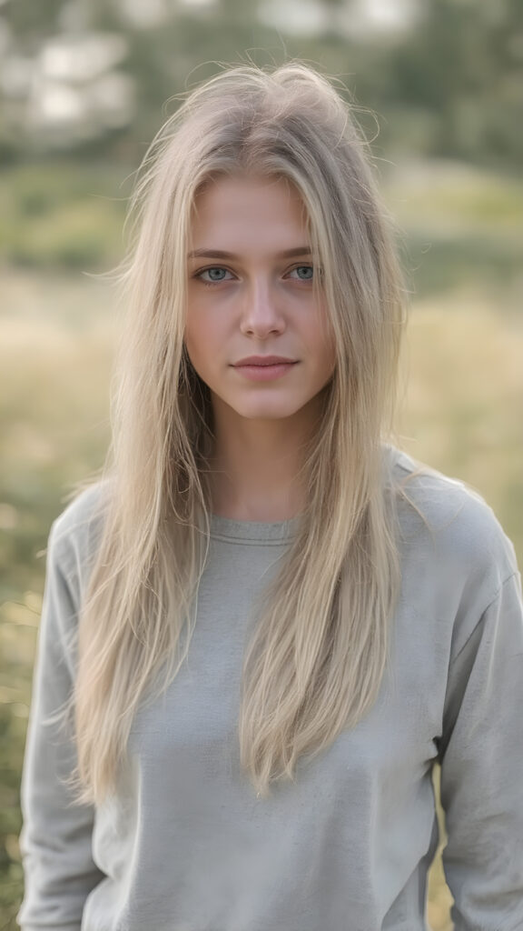 A (hyper-realistic, highly-detailed, vivid (((full body photograph))), with ((warm highlights)) and ((soft focus)), capturing a (((very cute adult pretty well-busty tomboy with pale skin and long, straight gold blond hair))), she wears a light grey shirt, standing alone in a (natural, early morning setting in nature). Her hair is (washed out in a (mellow, natural light)), with (delicate, white streaks) highlighting her face. She's facing the camera slightly tilted head, looking as relaxed and happy as she exudes an air of (extreme realism)