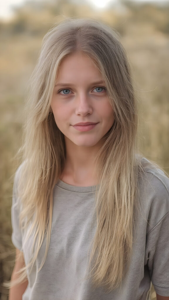 A (hyper-realistic, highly-detailed, vivid (((full body photograph))), with ((warm highlights)) and ((soft focus)), capturing a (((very cute adult pretty well-busty tomboy with pale skin and long, straight gold blond hair))), she wears a light grey shirt, standing alone in a (natural, early morning setting in nature). Her hair is (washed out in a (mellow, natural light)), with (delicate, white streaks) highlighting her face. She's facing the camera slightly tilted head, looking as relaxed and happy as she exudes an air of (extreme realism)