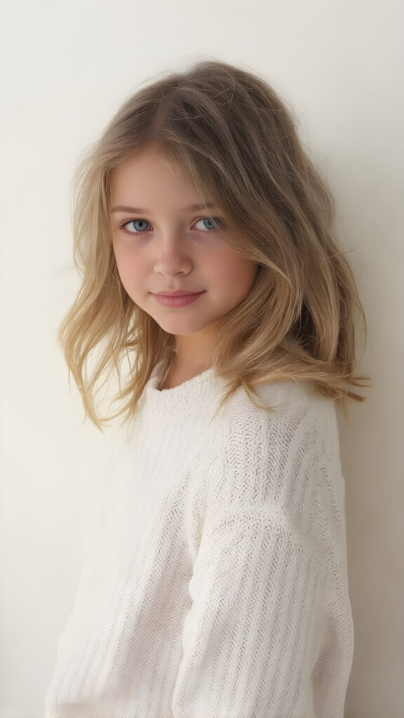 A (hyper-realistic, highly-detailed, vivid (((full body ((profile)) photo))), with ((warm glowing highlights)), ((softly backlit)), of a cute, innocent, ((skinny but toned)), ((teen girl)) with a ((perfect round, plump lips)), and ((semi-long, wavy, dirty blonde, casually styled hair)), wearing a ((white wool sweater)) over a ((white shirt)), paired with ((flared, loose pants)), in a ((natural, cheerful, happy expressions)), and ((looking directly into the camera))