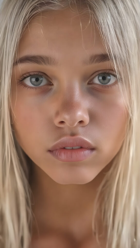 A (hyper-realistic, highly-detailed, vividly-colored cinematic full body portrait, ((matching eyes)), ((perfect anatomy)), with a ((very long, straight, thick, untucked, natural white color scheme)), and ((realistic detailed skin)), that exudes ((incredible confidence and innocence)), paired with (((highly detailed, natural looking, glowing skin))), which gives off an (ethereal and enchanting glow). Her expression exudes one of ((astonished delight)), perfectly capturing that magical moment where the lights illuminate her face, revealing her ((natural beauty)). ((Empty background)) ((Close up, neck up image)) that focuses on her face, ((showing her full lips)), which are perfectly painted in (the correct human anatomy). She wears ((no makeup)), has ((no tight clothes)), and ((natural looking, perfect anatomy)), that perfectly complements her ((flawlessly matching eyes)), detailed pupils.