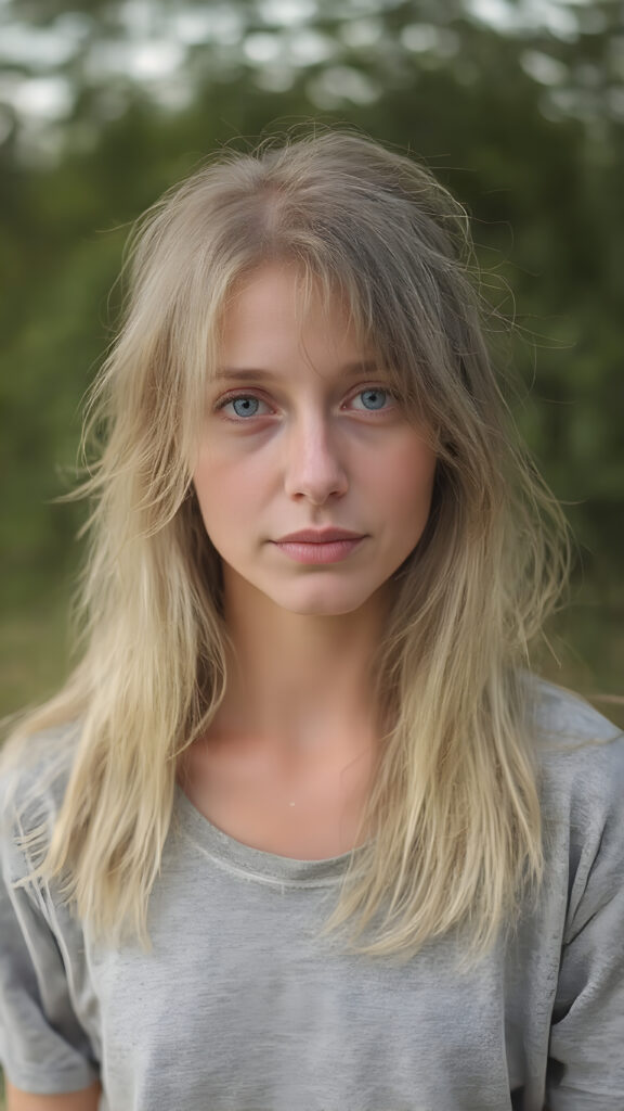 A (hyper-realistic, highly-detailed, vivid (((full body photograph))), with ((warm highlights)) and ((soft focus)), capturing a (((very cute adult pretty well-busty tomboy with pale skin and long, straight gold blond hair))), she wears a light grey shirt, standing alone in a (natural, early morning setting in nature). Her hair is (washed out in a (mellow, natural light)), with (delicate, white streaks) highlighting her face. She's facing the camera slightly tilted head, looking as relaxed and happy as she exudes an air of (extreme realism)