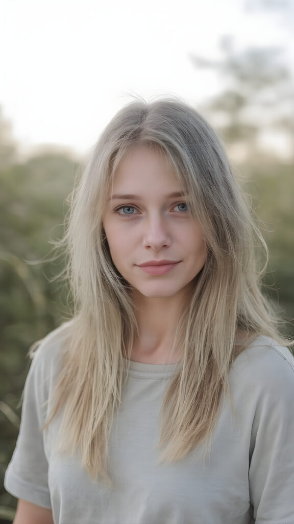 A (hyper-realistic, highly-detailed, vivid (((full body photograph))), with ((warm highlights)) and ((soft focus)), capturing a (((very cute adult pretty well-busty tomboy with pale skin and long, straight gold blond hair))), she wears a light grey shirt, standing alone in a (natural, early morning setting in nature). Her hair is (washed out in a (mellow, natural light)), with (delicate, white streaks) highlighting her face. She's facing the camera slightly tilted head, looking as relaxed and happy as she exudes an air of (extreme realism)