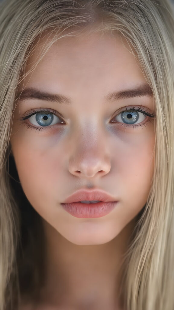 A (hyper-realistic, highly-detailed, vividly-colored cinematic full body portrait, ((matching eyes)), ((perfect anatomy)), with a ((very long, straight, thick, untucked, natural white color scheme)), and ((realistic detailed skin)), that exudes ((incredible confidence and innocence)), paired with (((highly detailed, natural looking, glowing skin))), which gives off an (ethereal and enchanting glow). Her expression exudes one of ((astonished delight)), perfectly capturing that magical moment where the lights illuminate her face, revealing her ((natural beauty)). ((Empty background)) ((Close up, neck up image)) that focuses on her face, ((showing her full lips)), which are perfectly painted in (the correct human anatomy). She wears ((no makeup)), has ((no tight clothes)), and ((natural looking, perfect anatomy)), that perfectly complements her ((flawlessly matching eyes)), detailed pupils.