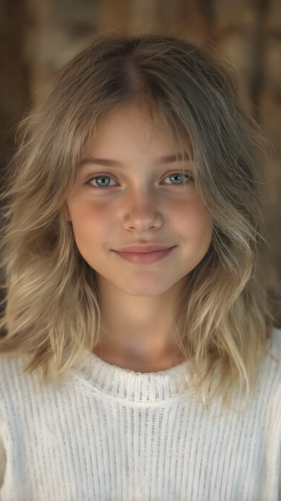 A (hyper-realistic, highly-detailed, vivid (((full body ((profile)) photo))), with ((warm glowing highlights)), ((softly backlit)), of a cute, innocent, ((skinny but toned)), ((teen girl)) with a ((perfect round, plump lips)), and ((semi-long, wavy, dirty blonde, casually styled hair)), wearing a ((white wool sweater)), paired with ((flared, loose pants)), in a ((natural, cheerful, happy expressions)), and ((looking directly into the camera))