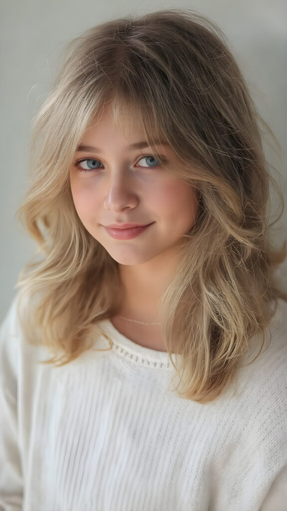 A (hyper-realistic, highly-detailed, vivid (((full body ((profile)) photo))), with ((warm glowing highlights)), ((softly backlit)), of a cute, innocent, ((skinny but toned)), ((teen girl)) with a ((perfect round, plump lips)), and ((semi-long, wavy, dirty blonde, casually styled hair)), wearing a ((white wool sweater)) over a ((white shirt)), paired with ((flared, loose pants)), in a ((natural, cheerful, happy expressions)), and ((looking directly into the camera))