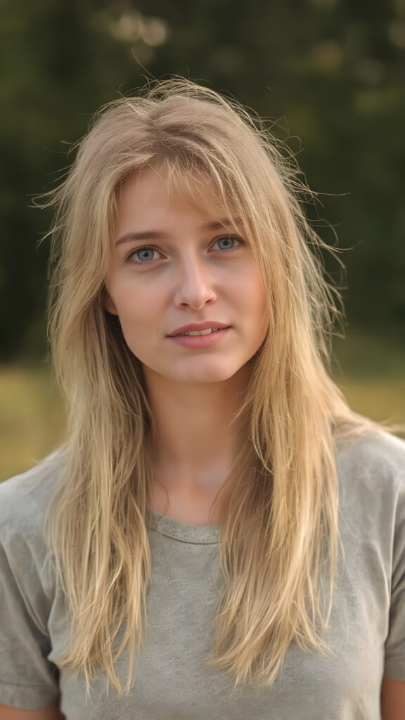 A (hyper-realistic, highly-detailed, vivid (((full body photograph))), with ((warm highlights)) and ((soft focus)), capturing a (((very cute adult pretty well-busty tomboy with pale skin and long, straight gold blond hair))), she wears a light grey shirt, standing alone in a (natural, early morning setting in nature). Her hair is (washed out in a (mellow, natural light)), with (delicate, white streaks) highlighting her face. She's facing the camera slightly tilted head, looking as relaxed and happy as she exudes an air of (extreme realism)