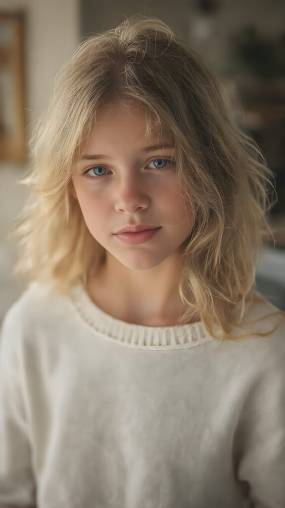 A (hyper-realistic, highly-detailed, vivid (((full body ((profile)) photo))), with ((warm glowing highlights)), ((softly backlit)), of a cute, innocent, ((skinny but toned)), ((teen girl)) with a ((perfect round, plump lips)), and ((semi-long, wavy, dirty blonde, casually styled hair)), wearing a ((white wool sweater)), paired with ((flared, loose pants)), in a ((natural, cheerful, happy expressions)), and ((looking directly into the camera))