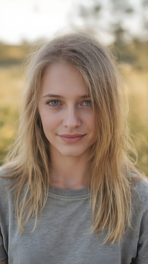A (hyper-realistic, highly-detailed, vivid (((full body photograph))), with ((warm highlights)) and ((soft focus)), capturing a (((very cute adult pretty well-busty tomboy with pale skin and long, straight gold blond hair))), she wears a light grey shirt, standing alone in a (natural, early morning setting in nature). Her hair is (washed out in a (mellow, natural light)), with (delicate, white streaks) highlighting her face. She's facing the camera slightly tilted head, looking as relaxed and happy as she exudes an air of (extreme realism)