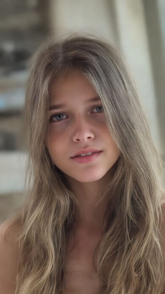 A (hyper-realistic, highly-detailed, vivid (((full upper body photo))), with ((warm highlights)), (((dramatic cool-toned diffuse back-lighting))), ((crisp details)), captured at ((the peak of the season)) for a (beautiful young teen girl) with ((long, soft, hazelnut wavy hair)), ((dark eyes)), ((natural light makeup)), and ((detailed, matching, perfect teeth)), in a ((natural pose)), ((looking up at the camera)), exuding ((full body allure))