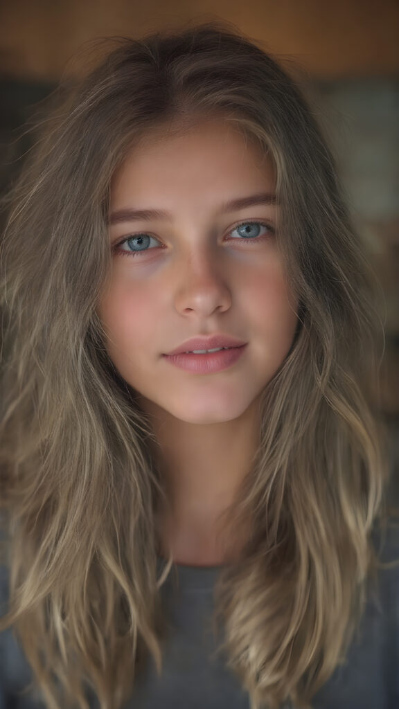 A (hyper-realistic, highly-detailed, vivid (((full upper body photo))), with ((warm highlights)), (((dramatic cool-toned diffuse back-lighting))), ((crisp details)), captured at ((the peak of the season)) for a (beautiful young teen girl) with ((long, soft, hazelnut wavy hair)), ((dark eyes)), ((natural light makeup)), and ((detailed, matching, perfect teeth)), in a ((natural pose)), ((looking up at the camera)), exuding ((full body allure))