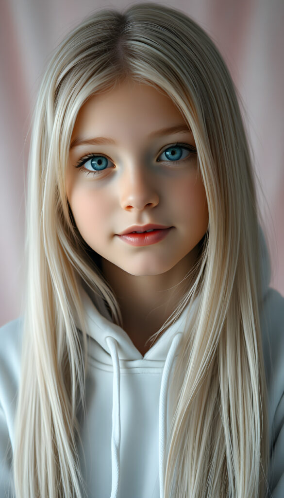 A hyper-realistic, highly detailed, vivid portrait of a young girl with long, straight, soft white hair cascading down her back, wearing a white, thin hoodie that fits snugly, her face is round and detailed, with full lips that are slightly parted, her eyes are a deep, captivating shade of blue, and she has a gentle smile on her face, set against a soft, pastel-colored background with a subtle bokeh effect, creating a dreamy, ethereal atmosphere.
