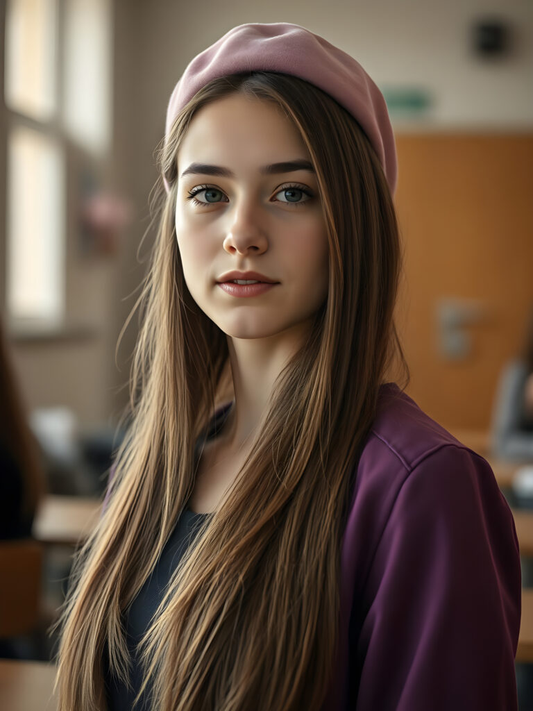 A hyper-realistic portrait of a young woman straight golden hair; pink beret; long straight dark brown hair; purple jacket with white collar; intelligent, confident expression; classroom setting with soft focus; warm indoor lighting