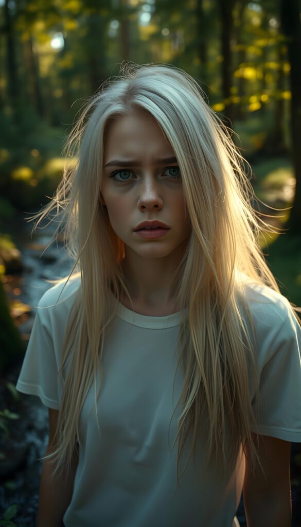 A hyper realistic scene depicting a young very angry adult woman with flowing, untamed, straight, silky white blonde hair cascading down her shoulders, her expression intensely sorrowful. She wears a minimalist white short-sleeve T-shirt. The image is set in a serene, sunlit forest with golden rays filtering through the trees, casting a warm glow on her face. The background features a gentle stream and lush greenery, enhancing the contrast between her melancholy and the vibrant natural surroundings. The composition is dynamic, with a low-angle shot emphasizing her hair and expression, creating a dramatic and emotionally powerful image. She looks up to the viewer.