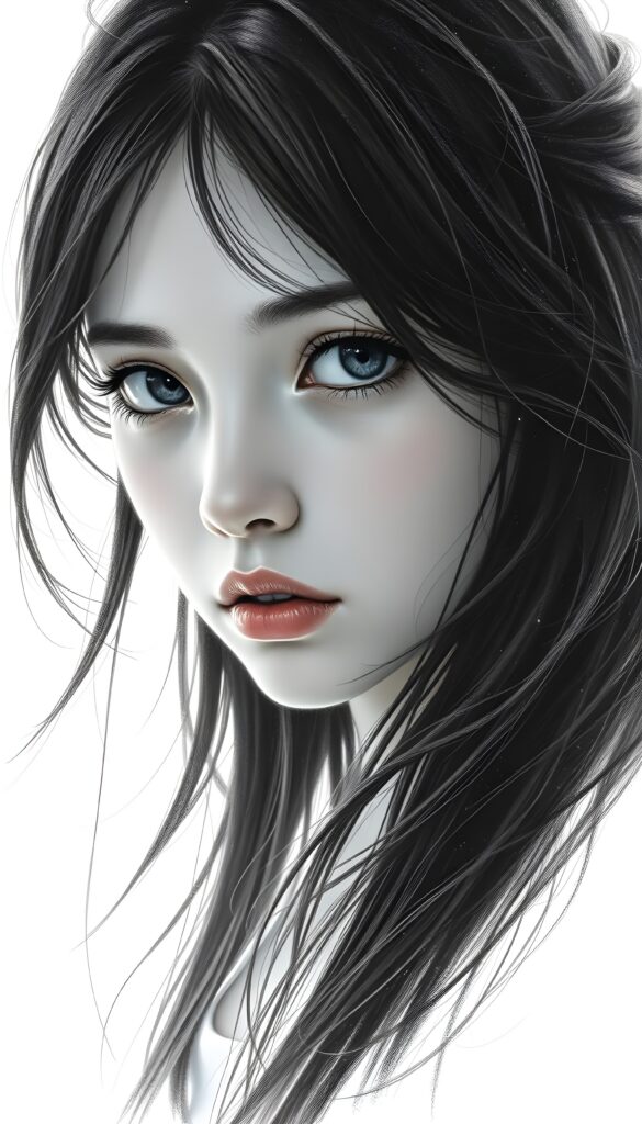 A hyper-realistic pencil drawing of a young girl with long, flowing black hair, her eyes sparkling with a mix of curiosity and melancholy. The girl's skin is radiant, with subtle highlights catching the light. She gazes intently at the viewer, evoking a sense of deep emotion. The background is a pure white, enhancing the contrast and focusing attention on her expressive features. The drawing is highly detailed, with intricate shading that brings out the texture of her hair and the softness of her skin. The lighting is gentle, creating a soft glow around her face. The overall composition is balanced, with the girl positioned slightly off-center, adding dynamism to the portrait.
