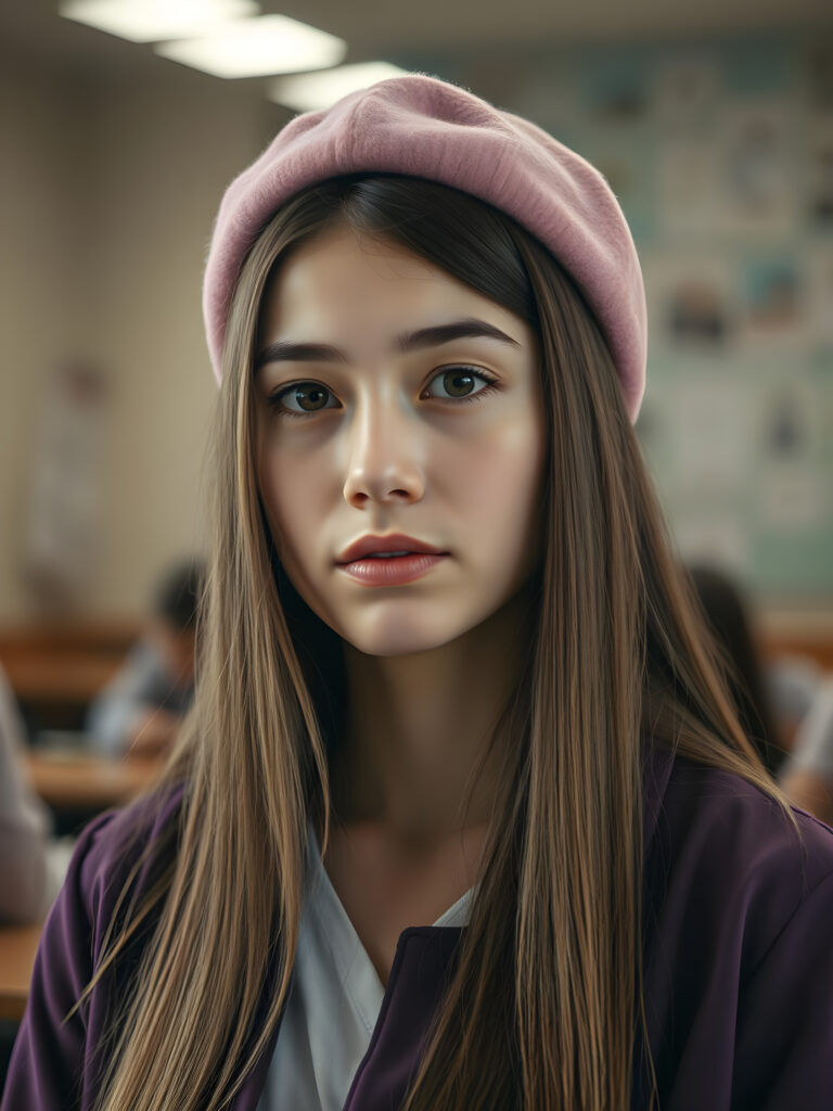 A hyper-realistic portrait of a young woman straight golden hair; pink beret; long straight dark brown hair; purple jacket with white collar; intelligent, confident expression; classroom setting with soft focus; warm indoor lighting