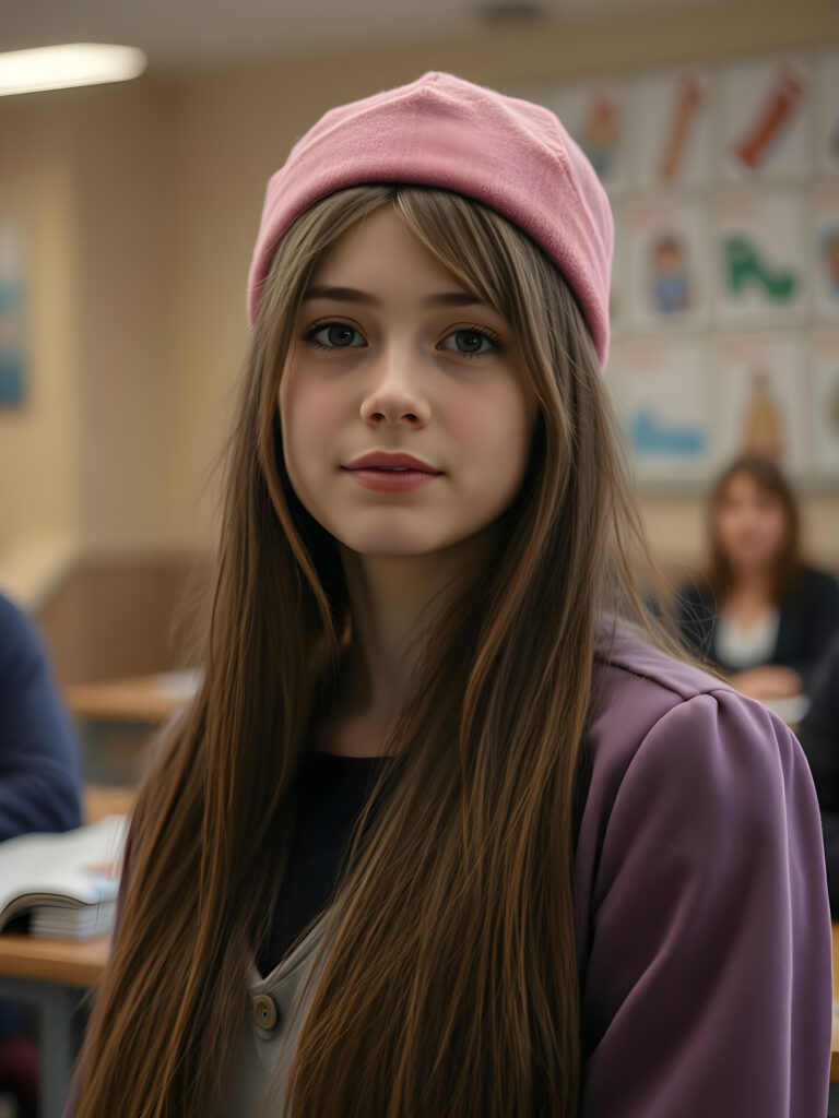 A hyper-realistic portrait of a young woman straight golden hair; pink beret; long straight dark brown hair; purple jacket with white collar; intelligent, confident expression; classroom setting with soft focus; warm indoor lighting