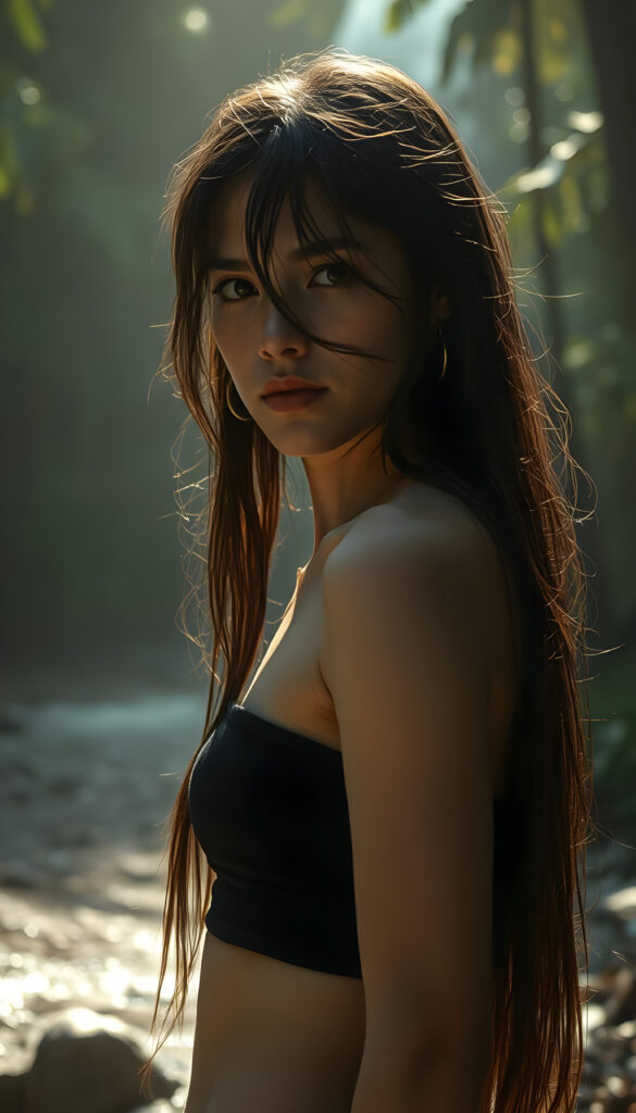 A hyper-realistic, cinematic scene featuring a young woman with exotic beauty, her long, soft hair damp and clinging to her face, eyes reflecting sadness and introspection. She wears a black top and a short, flowing skirt, her skin glistening with raindrops. The lighting is dynamic, with dramatic shadows and highlights accentuating her perfect features and curves. The setting is a sunny, tropical forest with a waterfall in the background, creating a moody and atmospheric environment. Her stance is confident yet poignant, capturing a moment of vulnerability amidst nature's grandeur.