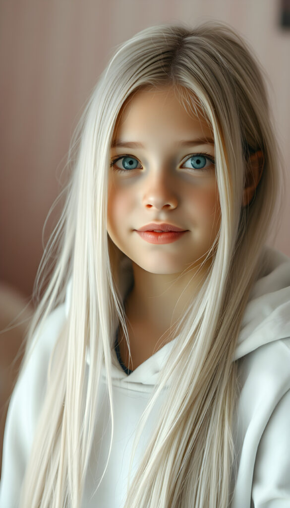 A hyper-realistic, highly detailed, vivid portrait of a young girl with long, straight, soft white hair cascading down her back, wearing a white, thin hoodie that fits snugly, her face is round and detailed, with full lips that are slightly parted, her eyes are a deep, captivating shade of blue, and she has a gentle smile on her face, set against a soft, pastel-colored background with a subtle bokeh effect, creating a dreamy, ethereal atmosphere.