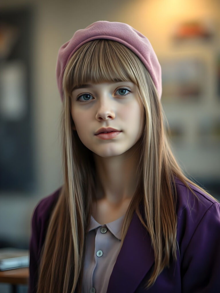 A hyper-realistic portrait of a young woman straight golden hair; pink beret; long straight dark brown hair; purple jacket with white collar; intelligent, confident expression; classroom setting with soft focus; warm indoor lighting