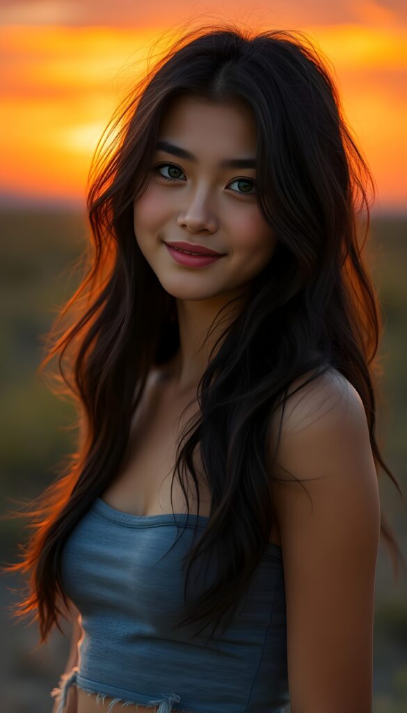 A hyper-realistic portrait of a young girl with long, wavy black hair, wearing a grey crop tank top, set against a vivid sunset backdrop. She has playful, bright green eyes and a subtle smile, creating a warm and inviting atmosphere. The scene is bathed in golden, soft evening light, with the sky transitioning from fiery orange to deep purple, casting a gentle glow on her face. Her hair subtly catches the light, adding depth and texture. The composition emphasizes her expressive eyes and the softness of her features, making her appear approachable and full of life.