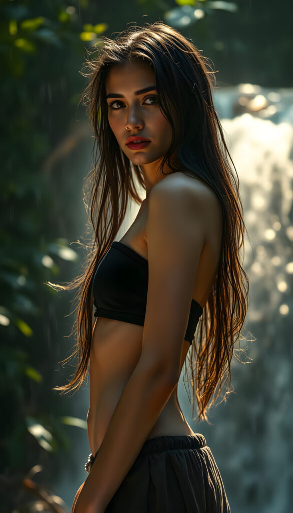 A hyper-realistic, cinematic scene featuring a young woman with exotic beauty, her long, soft hair damp and clinging to her face, eyes reflecting sadness and introspection. She wears a black top and a short, flowing skirt, her skin glistening with raindrops. The lighting is dynamic, with dramatic shadows and highlights accentuating her perfect features and curves. The setting is a sunny, tropical forest with a waterfall in the background, creating a moody and atmospheric environment. Her stance is confident yet poignant, capturing a moment of vulnerability amidst nature's grandeur.