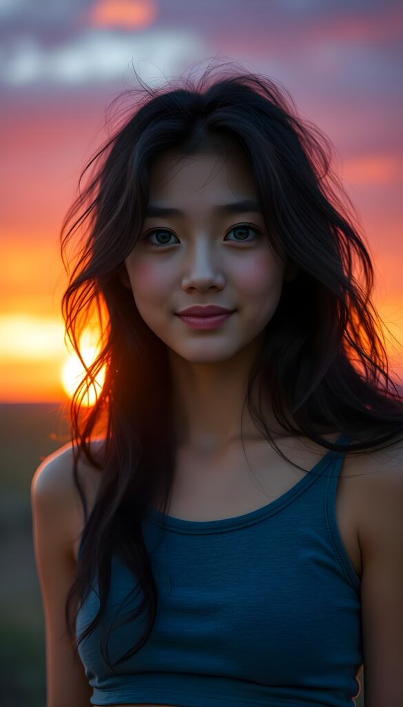 A hyper-realistic portrait of a young girl with long, wavy black hair, wearing a grey crop tank top, set against a vivid sunset backdrop. She has playful, bright green eyes and a subtle smile, creating a warm and inviting atmosphere. The scene is bathed in golden, soft evening light, with the sky transitioning from fiery orange to deep purple, casting a gentle glow on her face. Her hair subtly catches the light, adding depth and texture. The composition emphasizes her expressive eyes and the softness of her features, making her appear approachable and full of life.