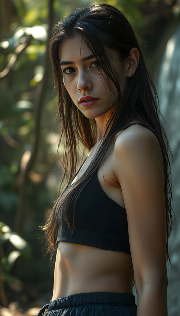 A hyper-realistic, cinematic scene featuring a young woman with exotic beauty, her long, soft hair damp and clinging to her face, eyes reflecting sadness and introspection. She wears a black top and a short, flowing skirt, her skin glistening with raindrops. The lighting is dynamic, with dramatic shadows and highlights accentuating her perfect features and curves. The setting is a sunny, tropical forest with a waterfall in the background, creating a moody and atmospheric environment. Her stance is confident yet poignant, capturing a moment of vulnerability amidst nature's grandeur.