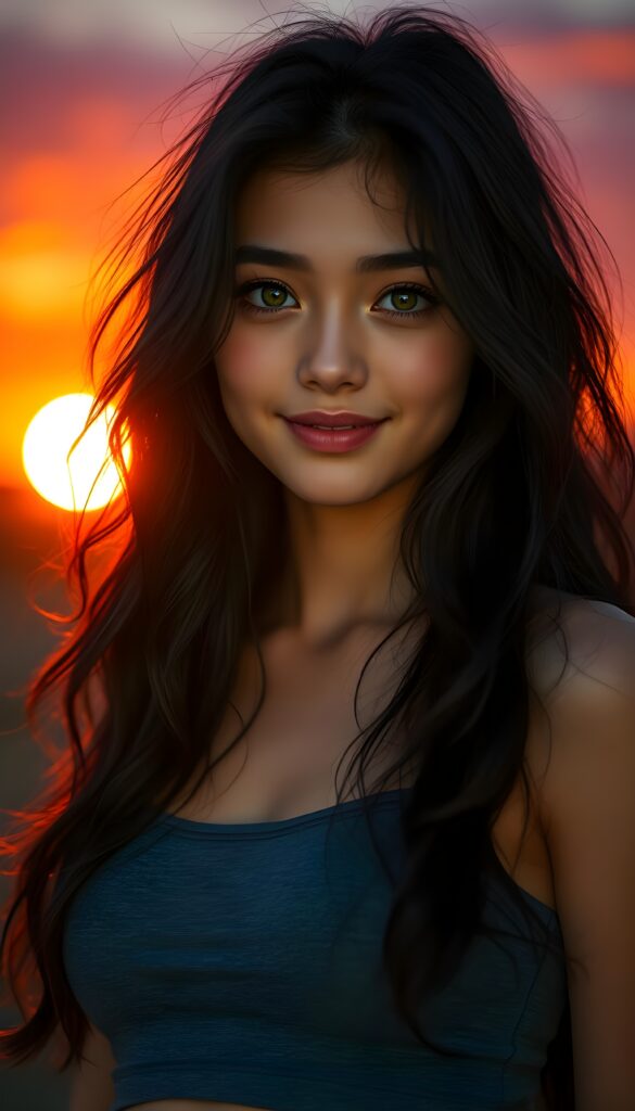 A hyper-realistic portrait of a young girl with long, wavy black hair, wearing a grey crop tank top, set against a vivid sunset backdrop. She has playful, bright green eyes and a subtle smile, creating a warm and inviting atmosphere. The scene is bathed in golden, soft evening light, with the sky transitioning from fiery orange to deep purple, casting a gentle glow on her face. Her hair subtly catches the light, adding depth and texture. The composition emphasizes her expressive eyes and the softness of her features, making her appear approachable and full of life.