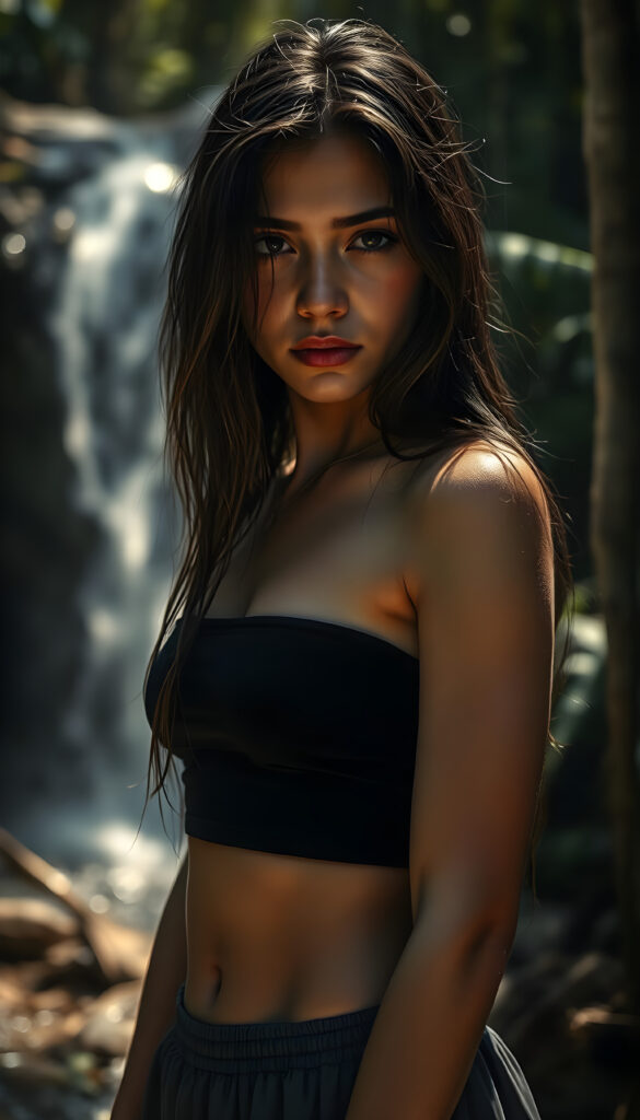 A hyper-realistic, cinematic scene featuring a young well busty woman with exotic beauty, her long, soft hair damp and clinging to her face, eyes reflecting sadness and introspection. She wears a black top and a short, flowing skirt, her skin glistening with raindrops. The lighting is dynamic, with dramatic shadows and highlights accentuating her perfect features and curves. The setting is a sunny, tropical forest with a waterfall in the background, creating a moody and atmospheric environment. Her stance is confident yet poignant, capturing a moment of vulnerability amidst nature's grandeur.