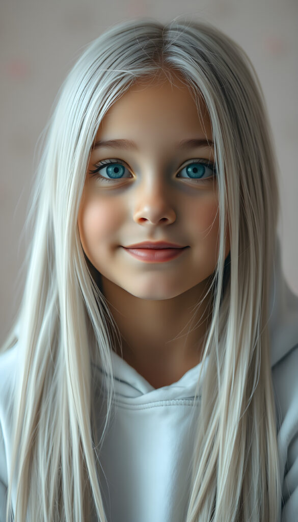 A hyper-realistic, highly detailed, vivid portrait of a young girl with long, straight, soft white hair cascading down her back, wearing a white, thin hoodie that fits snugly, her face is round and detailed, with full lips that are slightly parted, her eyes are a deep, captivating shade of blue, and she has a gentle smile on her face, set against a soft, pastel-colored background with a subtle bokeh effect, creating a dreamy, ethereal atmosphere.