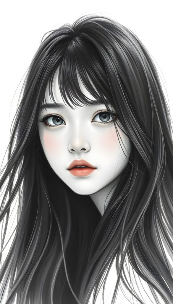 A hyper-realistic pencil drawing of a young girl with long, flowing black hair, her eyes sparkling with a mix of curiosity and melancholy. The girl's skin is radiant, with subtle highlights catching the light. She gazes intently at the viewer, evoking a sense of deep emotion. The background is a pure white, enhancing the contrast and focusing attention on her expressive features. The drawing is highly detailed, with intricate shading that brings out the texture of her hair and the softness of her skin. The lighting is gentle, creating a soft glow around her face. The overall composition is balanced, with the girl positioned slightly off-center, adding dynamism to the portrait.