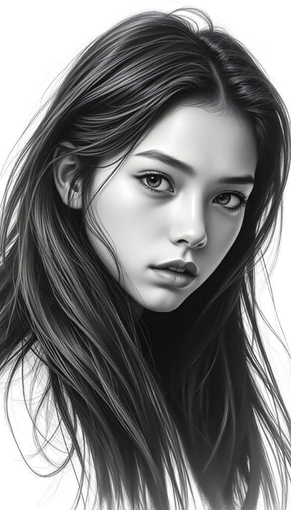 A hyper-realistic pencil drawing of a young girl with long, flowing black hair, her eyes sparkling with a mix of curiosity and melancholy. The girl's skin is radiant, with subtle highlights catching the light. She gazes intently at the viewer, evoking a sense of deep emotion. The background is a pure white, enhancing the contrast and focusing attention on her expressive features. The drawing is highly detailed, with intricate shading that brings out the texture of her hair and the softness of her skin. The lighting is gentle, creating a soft glow around her face. The overall composition is balanced, with the girl positioned slightly off-center, adding dynamism to the portrait.