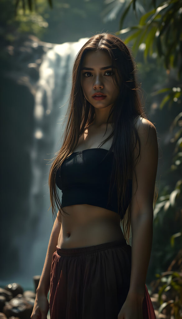 A hyper-realistic, cinematic scene featuring a young well busty woman with exotic beauty, her long, soft hair damp and clinging to her face, eyes reflecting sadness and introspection. She wears a black top and a short, flowing skirt, her skin glistening with raindrops. The lighting is dynamic, with dramatic shadows and highlights accentuating her perfect features and curves. The setting is a sunny, tropical forest with a waterfall in the background, creating a moody and atmospheric environment. Her stance is confident yet poignant, capturing a moment of vulnerability amidst nature's grandeur.