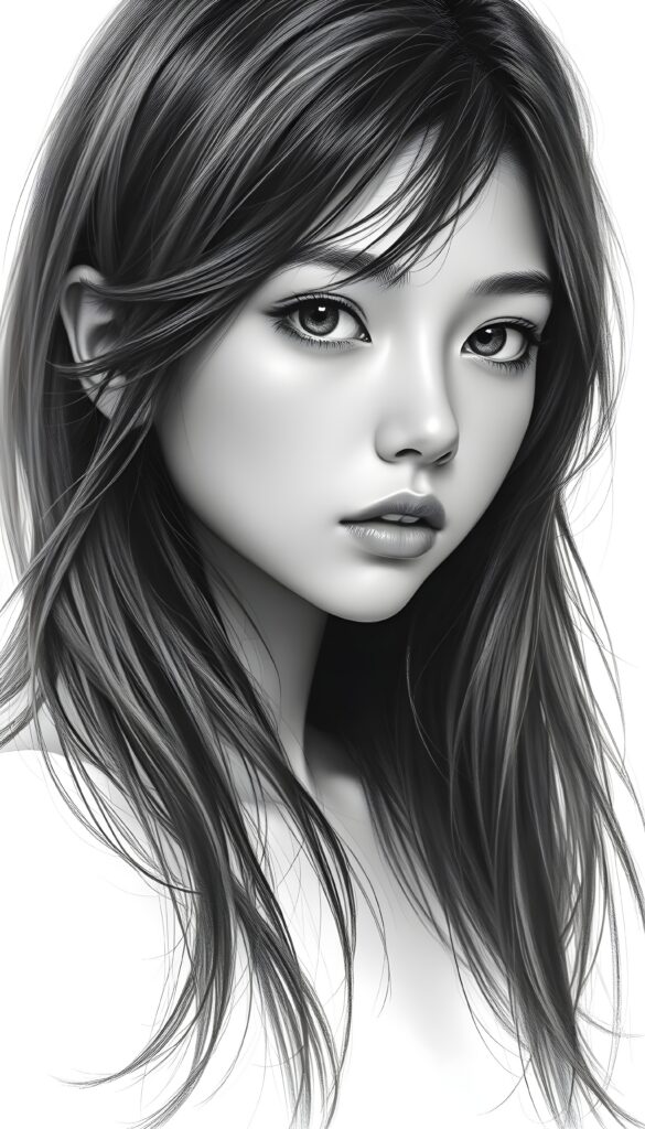 A hyper-realistic pencil drawing of a young girl with long, flowing black hair, her eyes sparkling with a mix of curiosity and melancholy. The girl's skin is radiant, with subtle highlights catching the light. She gazes intently at the viewer, evoking a sense of deep emotion. The background is a pure white, enhancing the contrast and focusing attention on her expressive features. The drawing is highly detailed, with intricate shading that brings out the texture of her hair and the softness of her skin. The lighting is gentle, creating a soft glow around her face. The overall composition is balanced, with the girl positioned slightly off-center, adding dynamism to the portrait.