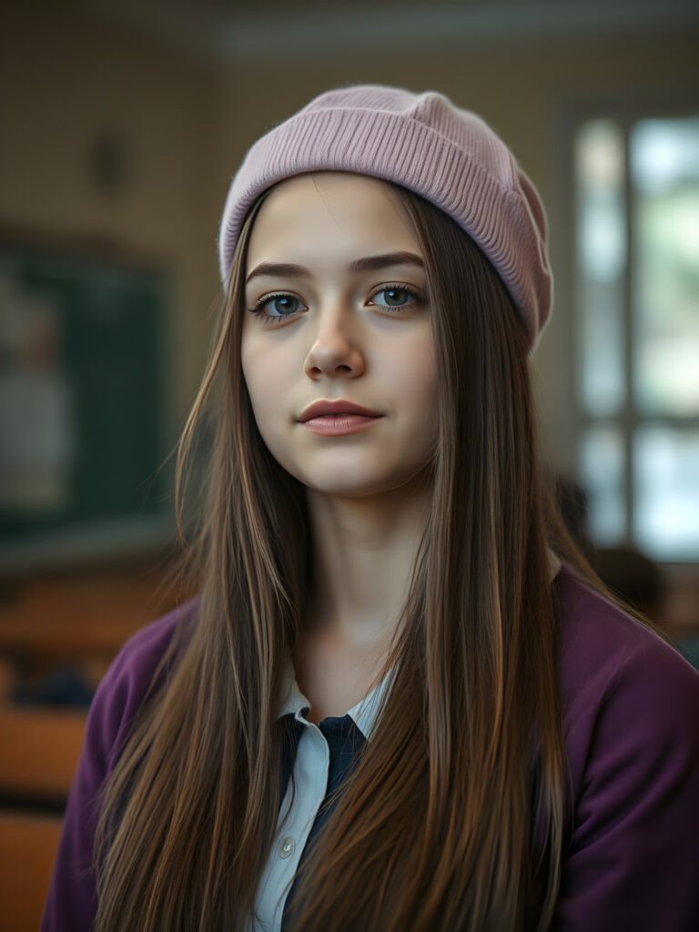 A hyper-realistic portrait of a young woman straight golden hair; pink beret; long straight dark brown hair; purple jacket with white collar; intelligent, confident expression; classroom setting with soft focus; warm indoor lighting