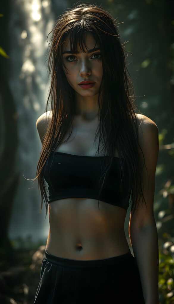 A hyper-realistic, cinematic scene featuring a young well busty woman with exotic beauty, her long, soft hair damp and clinging to her face, eyes reflecting sadness and introspection. She wears a black top and a short, flowing skirt, her skin glistening with raindrops. The lighting is dynamic, with dramatic shadows and highlights accentuating her perfect features and curves. The setting is a sunny, tropical forest with a waterfall in the background, creating a moody and atmospheric environment. Her stance is confident yet poignant, capturing a moment of vulnerability amidst nature's grandeur.