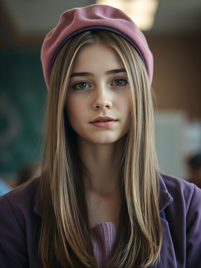 A hyper-realistic portrait of a young woman straight golden hair; pink beret; long straight dark brown hair; purple jacket with white collar; intelligent, confident expression; classroom setting with soft focus; warm indoor lighting